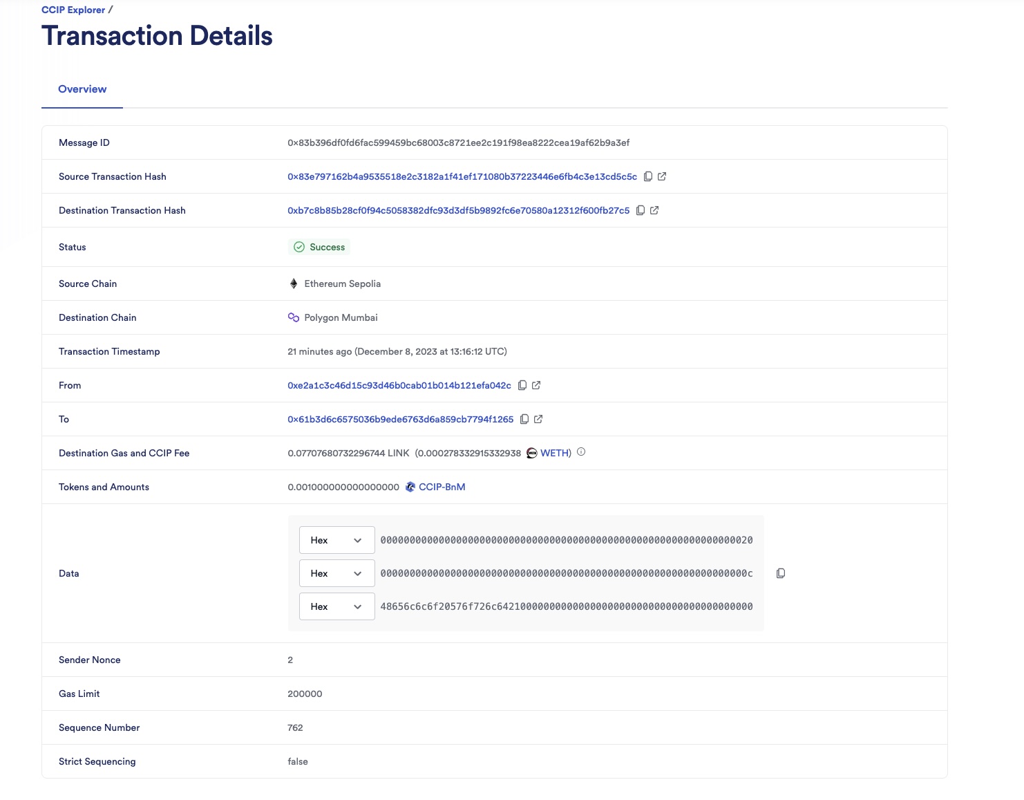 Chainlink CCIP Explorer transaction details success